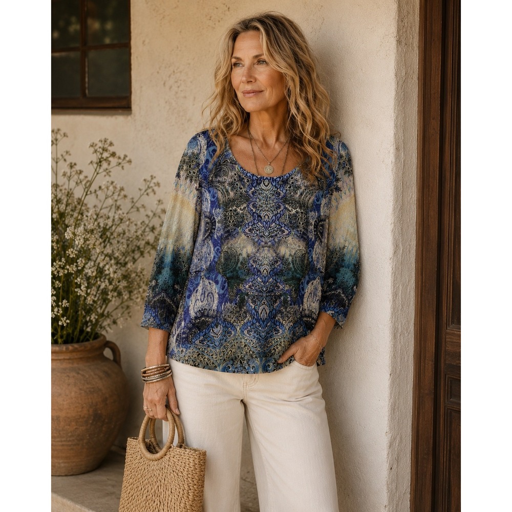 World Unity Blue Paisley Rhinestone 3/4 Sleeve High Low Top Womens Large‎